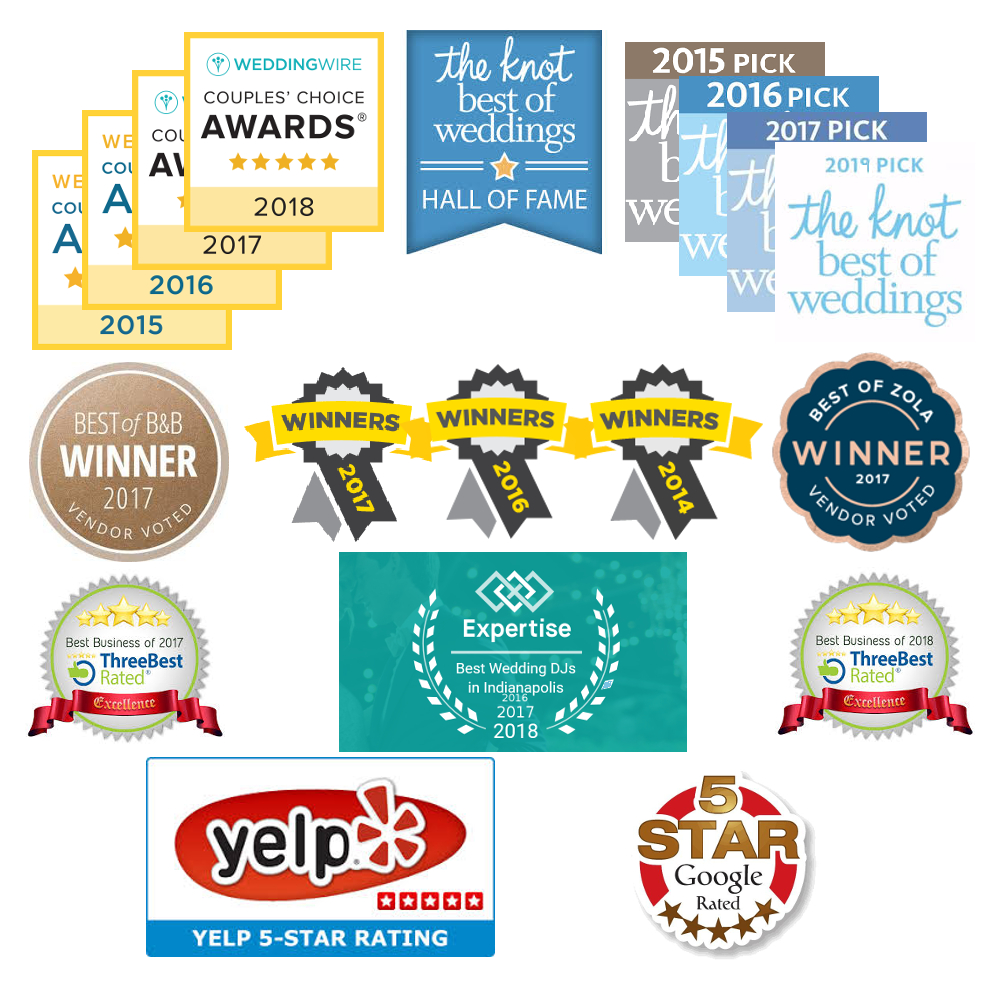 Awards #1 Wedding DJ Lights Out Entertainment Top Rated, Top Voted, Best DJ IN Indianapolis, Vendor Voted Number 1, First Place Indy's A List, Wedding Wire Couples Choice Awards, The Knot Best of Weddings 2014, 2015, 2016, 2017, 2018, 2019