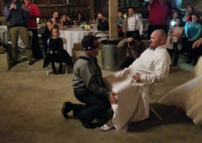 Blindfolded groom, Groomsman Wearing Garter, Bride tricking her husband
