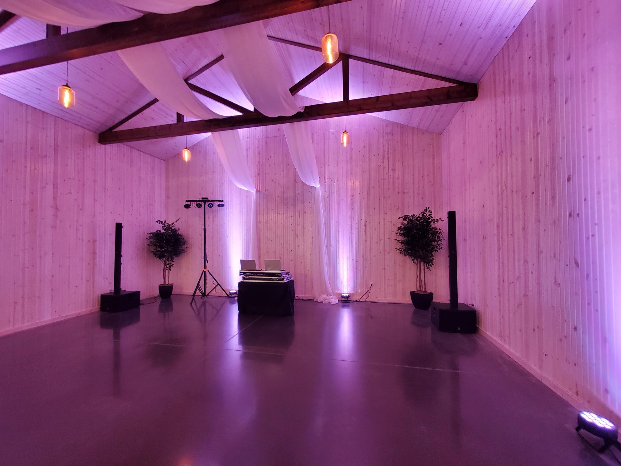 Example of a Lights Out Entertainment DJ Set up with uplighting 2020