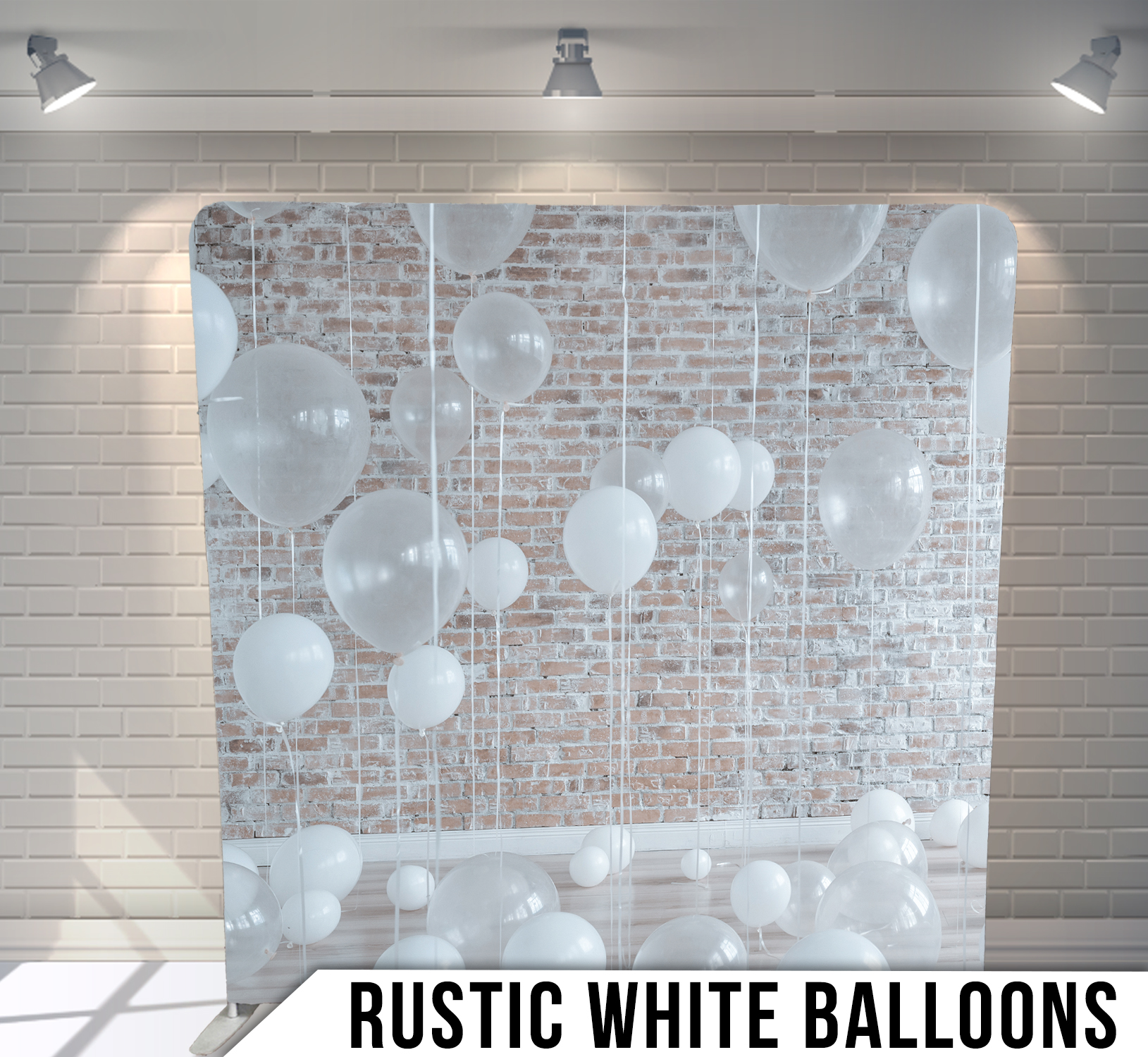 Rustic White Balloons along brick wall photo booth back drop rental Plainfield Indiana