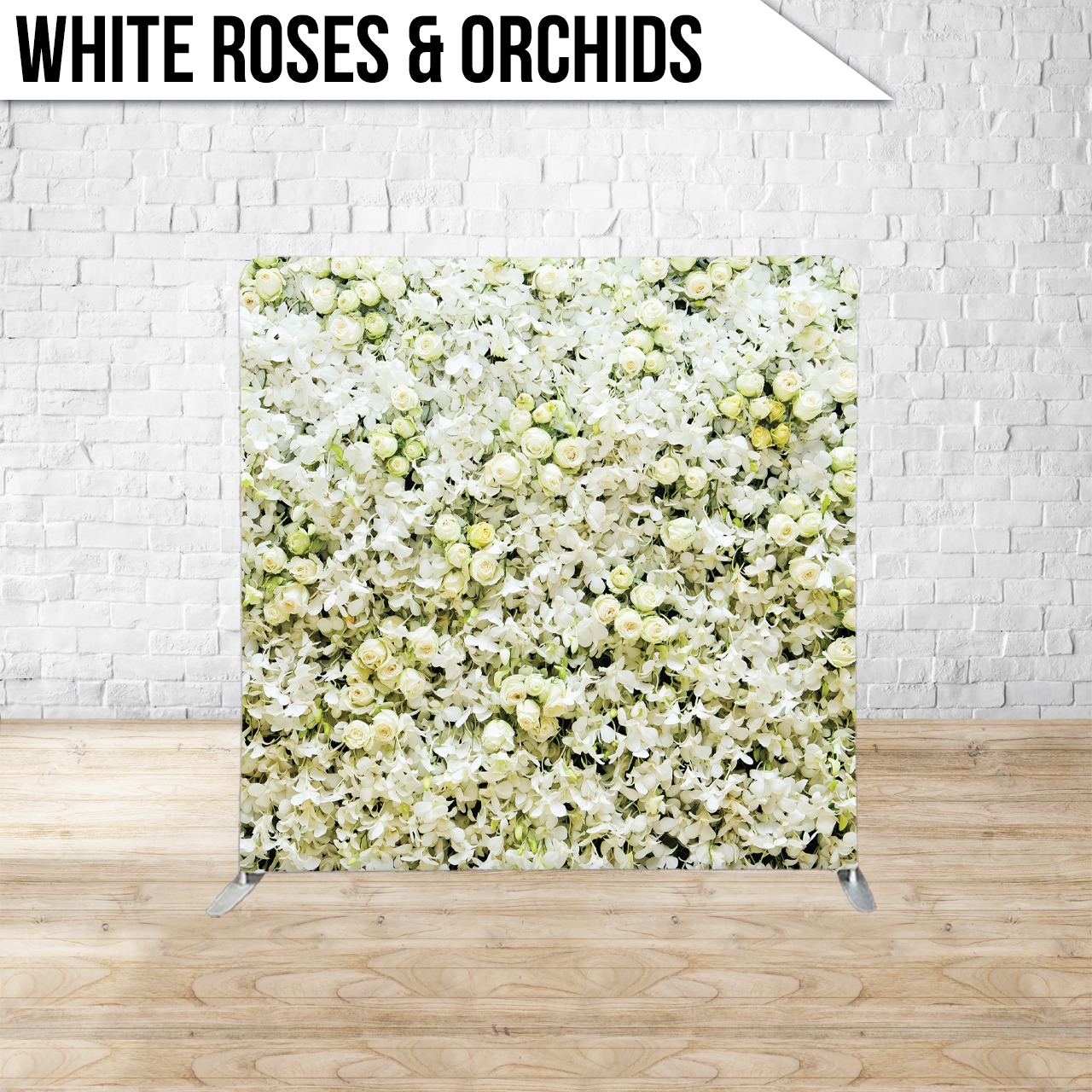 White roses and Orchids photo selfie station back drop for 360 booth