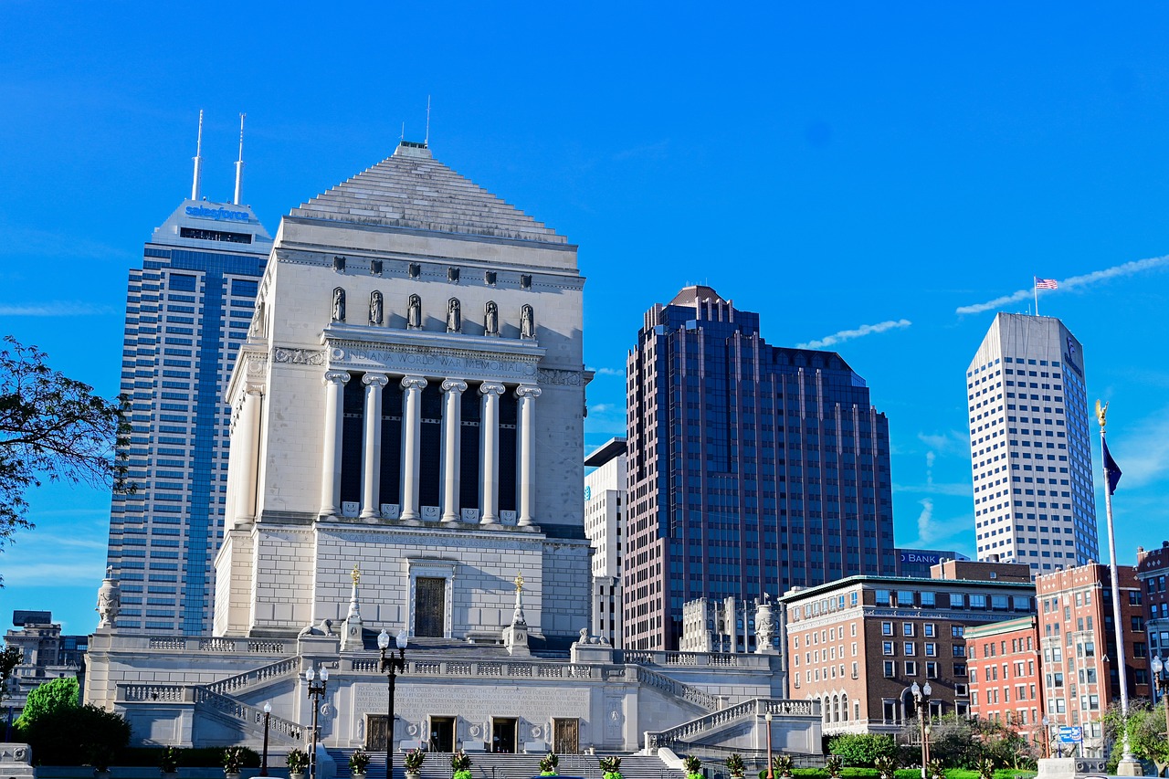 War Memorial Sky Scraper downtown Indianapolis, With Salesforce building in background