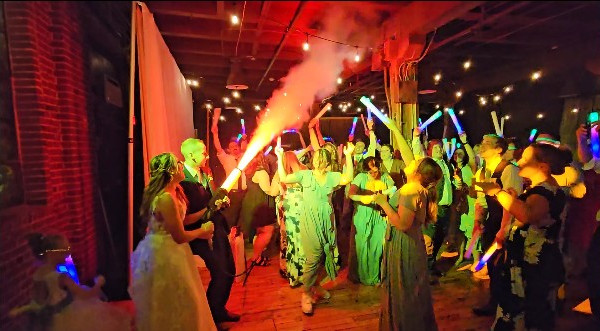 CO2_Cannon_At_Heirloom_Venue_Indianapolis Wedding Couple using a hand held CO2 cannon